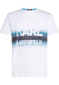 Bílý bavlněný tričko se stínováním a modrými a černými skvrnami, s tučným textem "KARL LAGERFELD". Krátké rukávy.