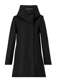 Cappotto nero con colletto alto, maniche lunghe e un design strutturato. Realizzato in un tessuto testurizzato con una silhouette pulita e minimalista.
