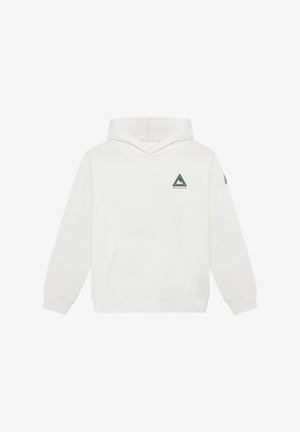 Sweat à capuche blanc avec poche avant, capuche à cordon de serrage, et logo triangulaire vert sur la poitrine. Tissu doux et poignets côtelés.