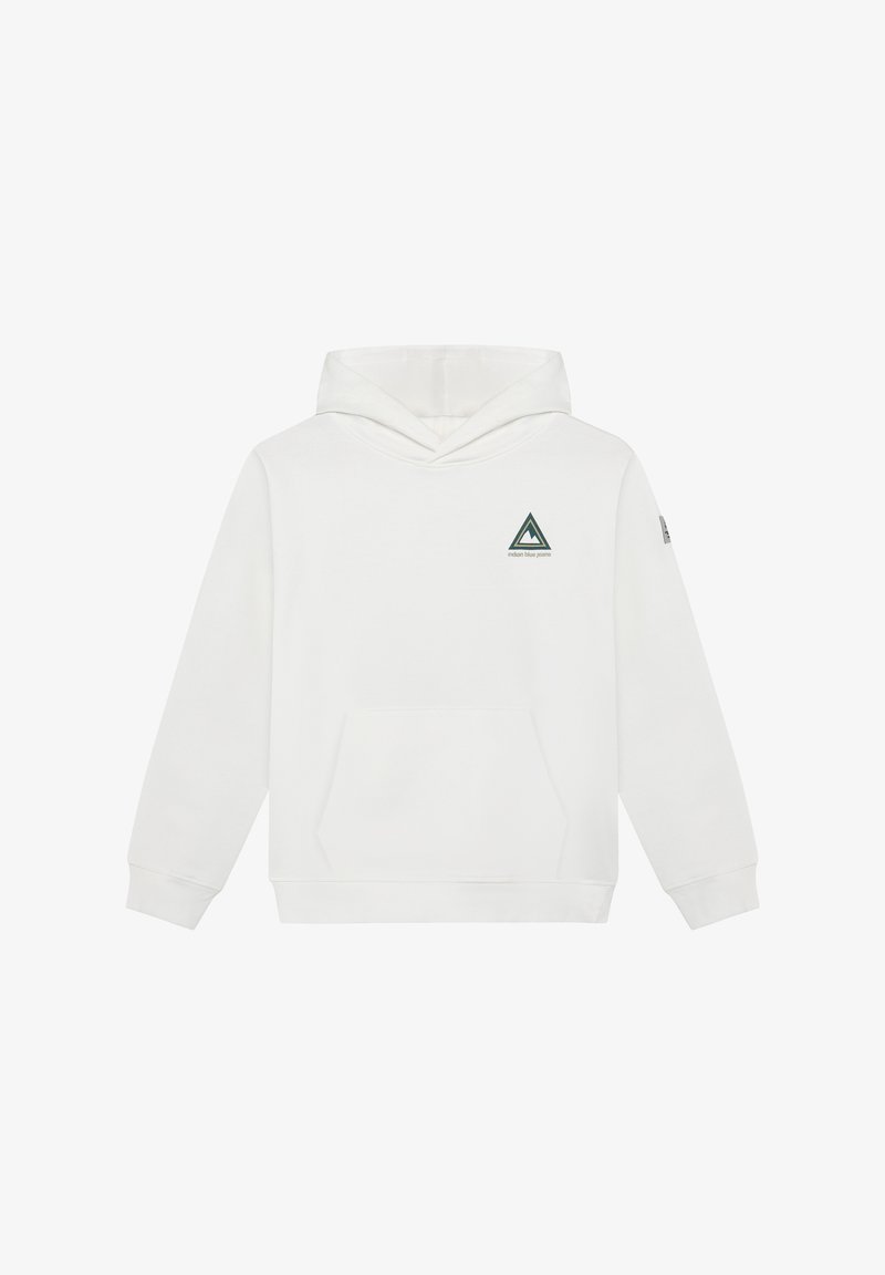 Witte hoodie met een voorzak, capuchon met trekkoord en een driehoekig groen logo op de borst. Zachte stof en geribbelde manchetten.