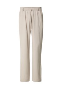 Pantalon en tissu doux beige avec une taille élastique, un cordon de serrage ajustable, une coupe droite, sans motifs ni accents visibles.