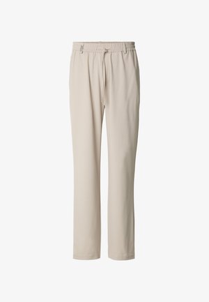 Bež hlače od mekanog tkanja s elastičnim pojasom, podesivim vezicama, ravnim krojem nogavica bez vidljivih uzoraka ili ukrasa.