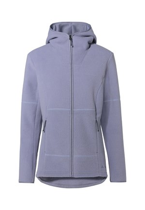 Veste en polaire lilas clair avec capuche, fermeture éclair à l'avant, deux poches zippées et tissu texturé. Coutures contrastantes et dos plus long.