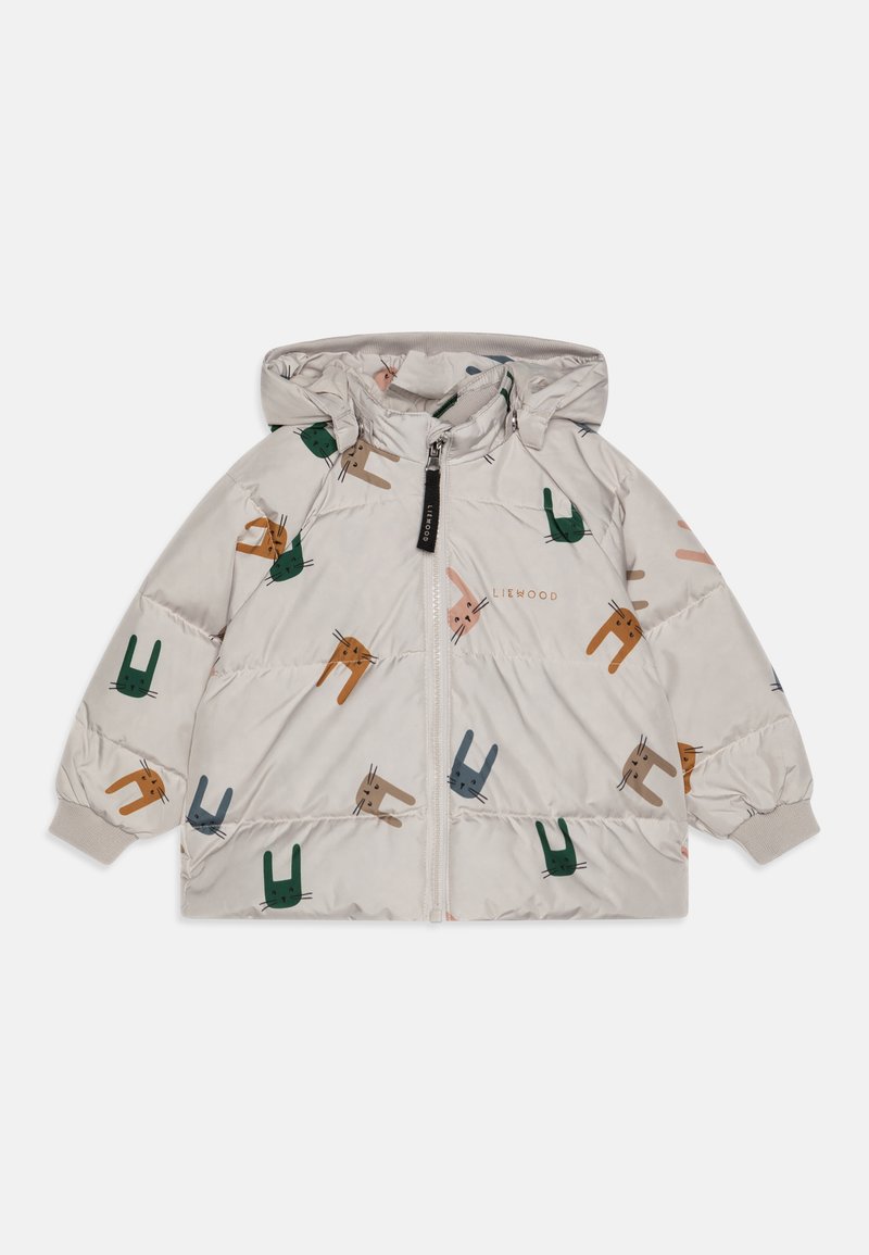 Kerge pastelset halli värvi laste jope, millel on värvilised jänese mustrid. Omab kapuutsi, esimest tõmblukk ja elastseid mansetid. Pehme ja siledapind.