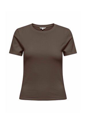 Camiseta marrón de manga corta ajustada, con cuello redondo y tejido liso, mostrada sobre un fondo blanco.