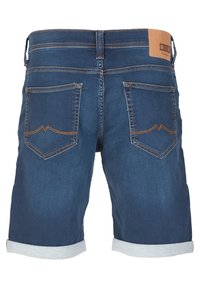 Denim shorts in dark blue with rolled cuffs. Features two back pockets with decorative stitching and a brown leather patch at the waist.