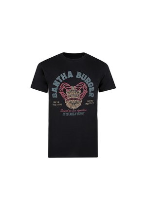 Black cotton t-shirt featuring a graphic design with a stylized creature's face and text: "Bantha Burger" in various colors. Short sleeves.