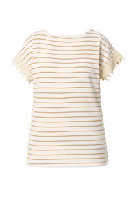Bílý top s horizontálními oranžovými pruhy, kulatým výstřihem a krátkými rukávy, které mají strukturovanou béžovou krajku. Měkká, lehká tkanina.