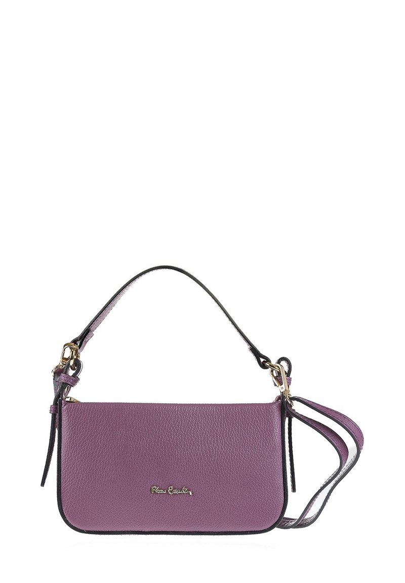 Borsa a mano in pelle viola con una finitura testurizzata, dettagli neri e hardware dorato. Presenta un manico più corto e una tracolla staccabile.