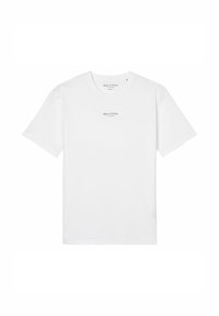 T-shirt blanc uni à manches courtes et col rond, avec petit logo texte "Marc O'Polo" centré sur la poitrine et à l’intérieur du col.