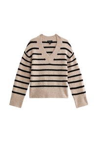 Pull en V beige avec des rayures horizontales noires. Dispose de manches longues et d'un ourlet côtelé. Texture douce, design court décontracté.