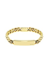 Bracciale in tonalità oro con catena che presenta una piastra rettangolare piatta per personalizzazione, con finitura lucida e chiusura a morsetto.