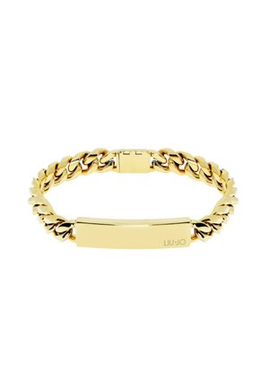 Bracciale in tonalità oro con catena che presenta una piastra rettangolare piatta per personalizzazione, con finitura lucida e chiusura a morsetto.