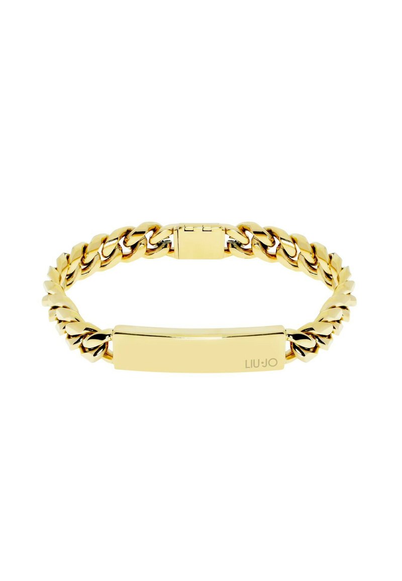 Bracciale in tonalità oro con catena che presenta una piastra rettangolare piatta per personalizzazione, con finitura lucida e chiusura a morsetto.