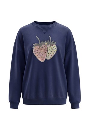 Mørkeblå sweatshirt med ribstrikkede manchetter og kant, med to store broderede jordbær i pink og hvid på brystet.