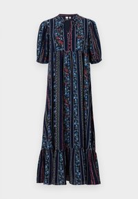 Navy maxi dress with floral patterns, short puff sleeves, a tie neckline, and tiered ruffle hem. Vertical stripes in contrasting colors.