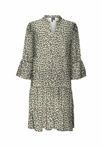 Abito con stampa leopardata, scollatura a V, maniche a campana di tre quarti e gonna svasata, realizzato in un tessuto morbido nei toni beige e marrone scuro.