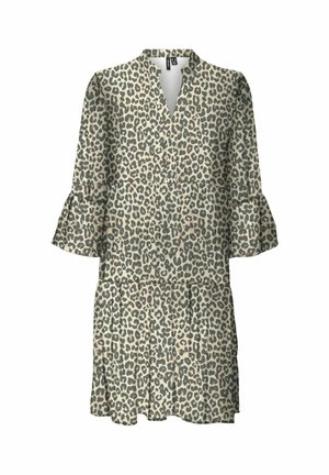 Robe imprimée léopard avec un décolleté en V, des manches cloche trois-quarts et une jupe évasée, fabriquée à partir d'un tissu doux dans des tons beige et marron foncé.