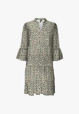 Robe imprimée léopard avec un décolleté en V, des manches cloche trois-quarts et une jupe évasée, fabriquée à partir d'un tissu doux dans des tons beige et marron foncé.