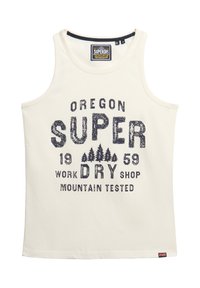 Witte tanktop van katoen met marineblauwe print. Kenmerkt de tekst "OREGON SUPER DRY SHOP" met een boomgrafiek. Label aan de onderkant.
