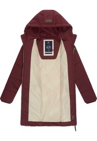 Burgundy puffjacka med quiltat mönster, huva och ljusbeige inredning; har en etikett i mitten och dragkedjestängning.