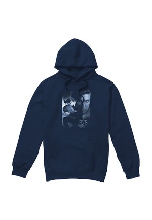 Navy blue hoodie with front pocket and graphic showing two black and white portraits of Elvis Presley and his name below.