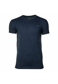 T-shirt bleu marine foncé à manches courtes et col rond avec petit logo "GANT" sur la poitrine gauche, présenté sur un fond blanc uni.