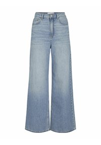 Ljusblå breda jeans i denim. Har hög midja, knappstängning fram och två sidofickor. Blekt mönster på benen.