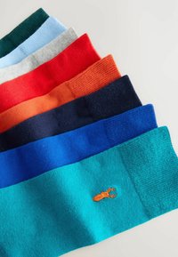 Farverige sokker arrangeret i en gradient: grøn, lyseblå, grå, rød, orange, mørkeblå og turkis, med en orange hummer broderi på turkis.