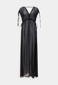 Μαύρο φόρεμα από διαφανές ύφασμα με βαθύ V λαιμόκοψη, ρυθμιζόμενους δεσίμους στους ώμους και λεπτομέρεια με πιέτες στη μέση. Ελαφρύ, ρέον ύφασμα.