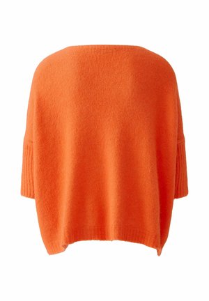 Oversized orange sweater, knitted, with a soft texture. Features wide sleeves and a rounded neckline, showcasing a solid, vibrant color.