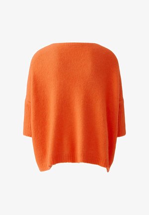 Oversized orange sweater, knitted, with a soft texture. Features wide sleeves and a rounded neckline, showcasing a solid, vibrant color.