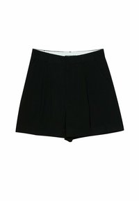 Pantalones cortos negros de tejido entrelazado, con un diseño ajustado, pliegues en la parte delantera y una cinturilla suave con un forro interior blanco.