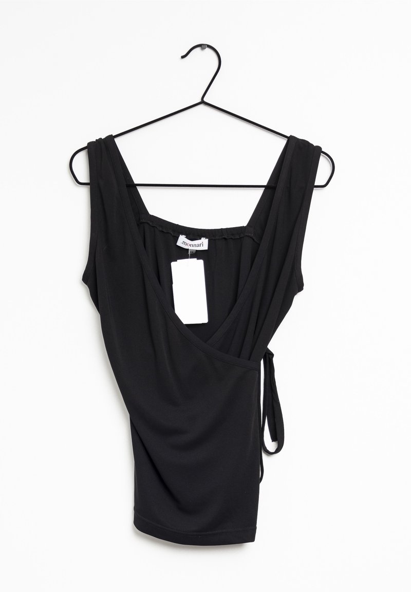 Haut sans manches noir avec un design enroulé, fabriqué dans un tissu doux. Présente un décolleté et un détail de nœud sur le côté. Étiquette attachée pour la taille.