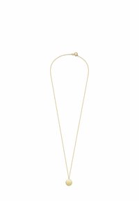 Goldene Halskette mit einer dünnen Kette und einem runden Anhänger. Der Anhänger ist glatt mit einer polierten Oberfläche, die das Licht subtil reflektiert.