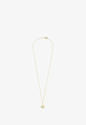Collar de oro con una cadena delgada y un colgante circular. El colgante es liso con un acabado pulido, reflejando la luz sutilmente.