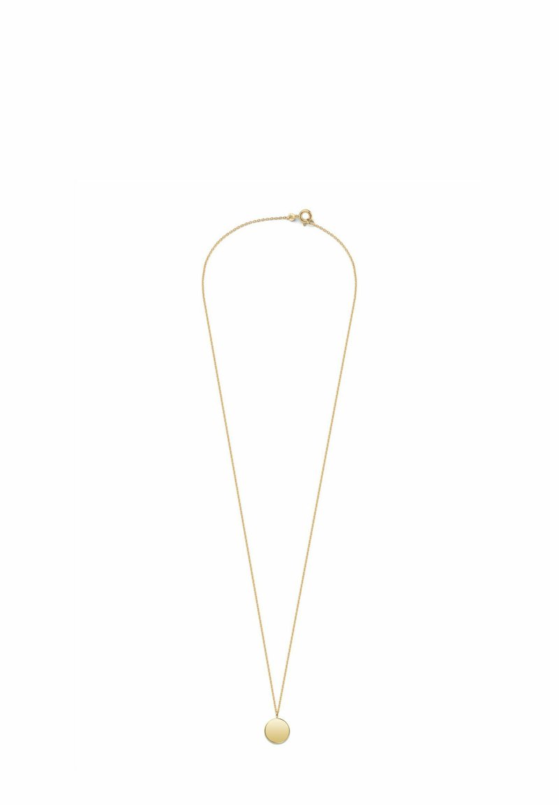 Goldene Halskette mit einer dünnen Kette und einem runden Anhänger. Der Anhänger ist glatt mit einer polierten Oberfläche, die das Licht subtil reflektiert.
