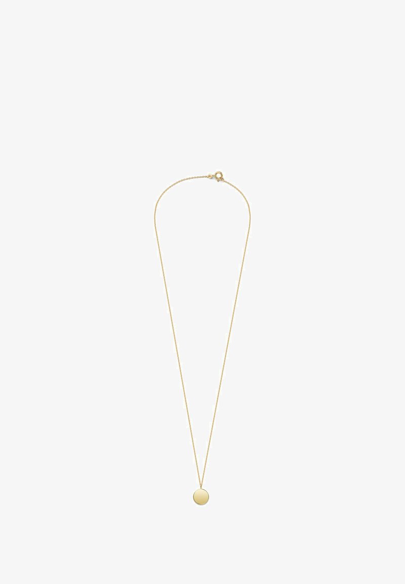 Guldhalsband med en tunn kedja och en cirkulär hänge. Hänget är slätt med en polerad yta som subtilt reflekterar ljus.