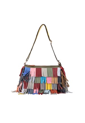 Borsa a tracolla con strati di frange in pelle multicolore in varie tonalità tra cui blu, rosa, rosso, verde, giallo e marrone, con tracolla regolabile.