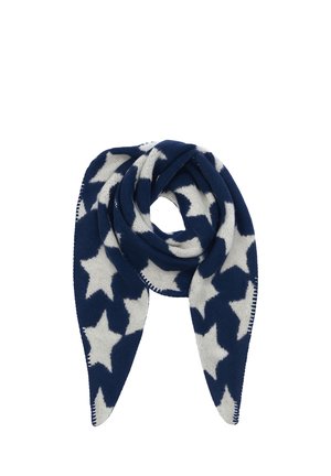 Navy blue knitted scarf with large white star patterns, folded in a loose loop against a white background.