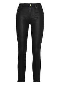 Smal svarta jeans i denim, med hög midja, två framfickor och en metallknapstängning. Slät textur utan mönster.