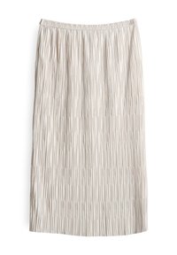 Plissé midi-rok in lichtbeige, met een elastische tailleband. De stof heeft een gestructureerd oppervlak met verticale lijnen en een zachte val.