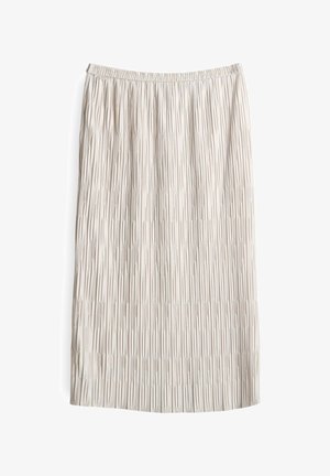 Faltender Midi-Rock in hellbeige mit elastischem Taillenbund. Der Stoff hat eine strukturierte Oberfläche mit vertikalen Linien und einem sanften Fall.