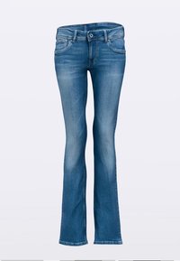 Mėlyni džinsai su rausvu pjūviu, vidutinio plovyklos atspalvio, penkių kišenių ir priekyje su saga užsegami. Yra kontrastingos siuvimo detalės ir šiek tiek išblukęs efektas.