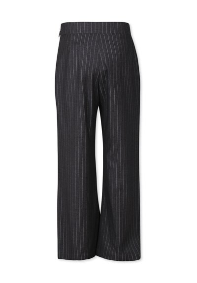 Pantalons à jambes larges en tissu sombre avec un motif de fines rayures. Dotés d'une fermeture à glissière et d'une taille ajustée pour un look soigné.