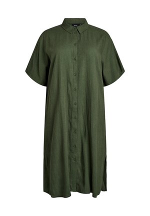 Laisvai krentanti tamsiai žalia, iki kelių ilgio su sagutėmis susegama suknelė trumpomis rankovėmis ir apykakle.