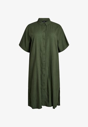 Volné tmavě zelené šaty délky ke kolenům na knoflíky s krátkými rukávy a límečkem.