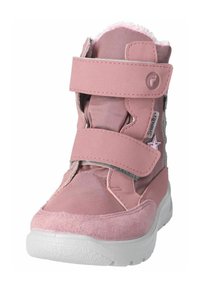 Botas impermeables rosas con un suave y esponjoso cuello, hechas de ante y materiales sintéticos, diseñadas con correas de Velcro dobles para mayor facilidad de ajuste.
