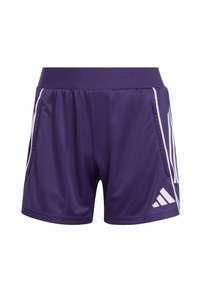 Purple athletic shorts made of smooth, lightweight fabric. Features white stripes along the sides and an elastic waistband with two pockets.
