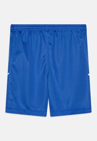 Siniset urheilushortsit, joissa on joustava vyötärönauha ja hillityt sivuraidat, aseteltuna litteästi valkoisella taustalla.